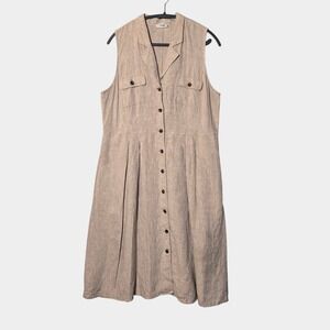 J.Jill Love Linen 100% Pleated Midi Shirtdress Tan L Classic Minimalist Resort